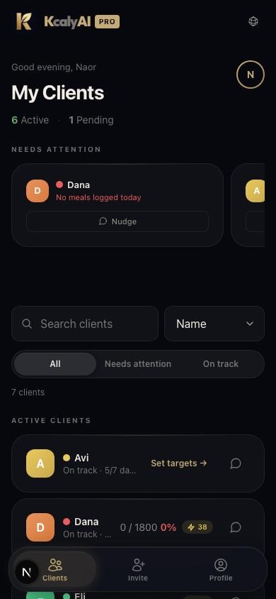 Kcaly AI Pro mobile app showing a live client roster with attention flags