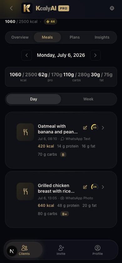 Kcaly AI Pro mobile app showing a client's meals for the day, each analyzed and graded